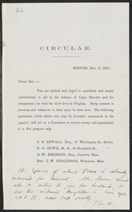 Thomas Wentworth Higginson circular letter, Boston, 2 November 1859
