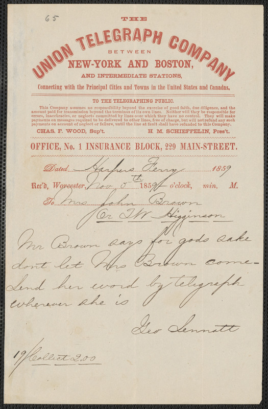 George Sennott telegram to Thomas Wentworth Higginson, Harper's Ferry [Va.], 5 November 1859