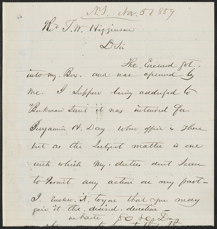Horace H. Day autograph note signed to Thomas Wentworth Higginson, N.Y., 5 November 1859