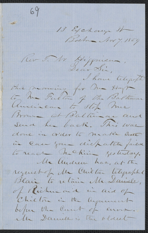 John W. LeBarnes autograph letter signed to Thomas Wentworth Higginson, Boston, 7 November 1859