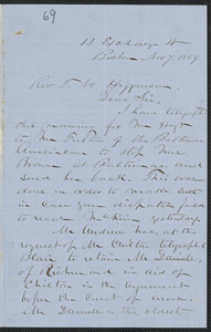 John W. LeBarnes autograph letter signed to Thomas Wentworth Higginson, Boston, 7 November 1859