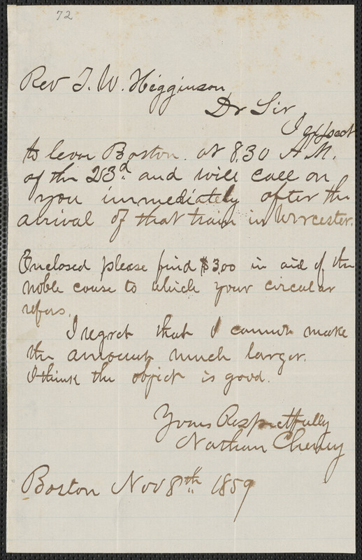 Nathan Cheney autograph letter signed to Thomas Wentworth Higginson, Boston, 8 November 1859