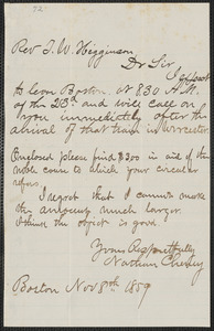 Nathan Cheney autograph letter signed to Thomas Wentworth Higginson, Boston, 8 November 1859