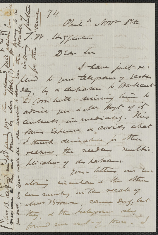 James Miller M’Kim autograph letter signed to Thomas Wentworth Higginson, Phila[delphia], 8 November [1859]