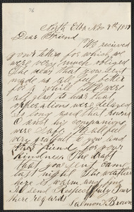 Salmon Brown autograph letter signed to [Thomas Wentworth Higginson], North Elba, [N.Y.], 9 November 1859
