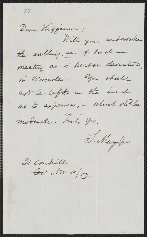 Samuel May Jr. autograph note signed to Thomas Wentworth Higginson, [21 Cornhill Boston], 10 November 1859