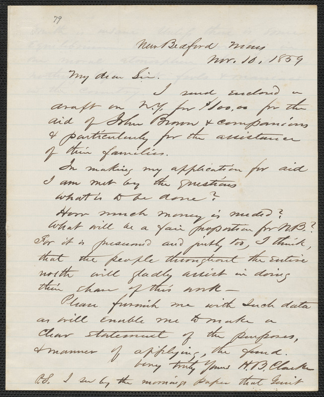 Henry B. Clarke autograph letter signed to [Thomas Wentworth Higginson], New Bedford, 10 November 1859