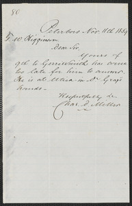 Charles D. Miller autograph note signed to Thomas Wentworth Higginson, Peterboro N.Y., 11 November 1859