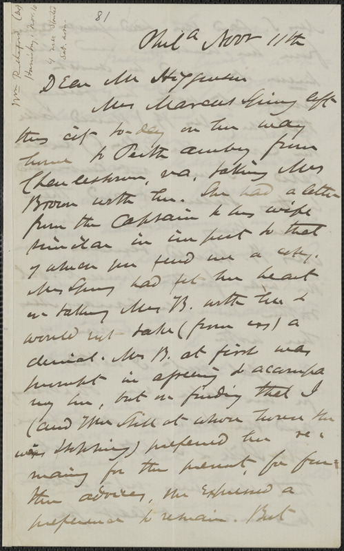 James Miller M’Kim autograph letter signed to Thomas Wentworth Higginson, Phila[delphia], 11 November [1859]