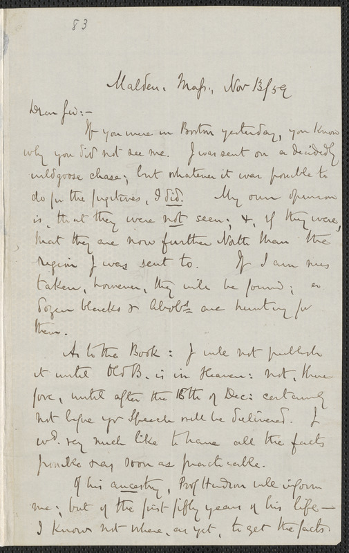 James Redpath autograph letter signed to [Thomas Wentworth Higginson], Malden, 13 November 1859