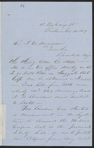 John W. LeBarnes autograph letter signed to Thomas Wentworth Higginson, Boston, 14 November 1859