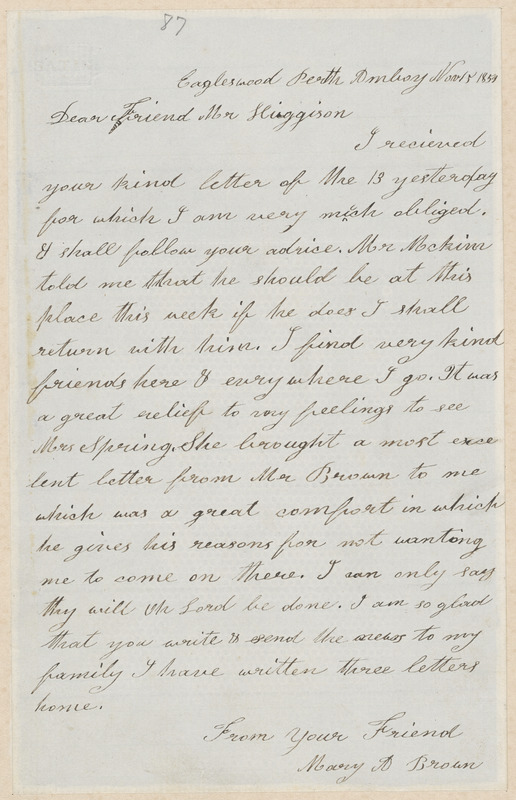 Mary Anne Day Brown autograph letter signed to Thomas Wentworth Higginson, Eagleswood, Perth Amboy [N.J.], 15 November 1859