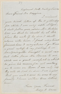 Mary Anne Day Brown autograph letter signed to Thomas Wentworth Higginson, Eagleswood, Perth Amboy [N.J.], 15 November 1859