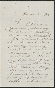 John W. LeBarnes autograph letter signed to [Thomas Wentworth Higginson], Boston, 15 November [18]59
