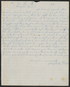 Elizabeth E. Tidd autograph letter signed to [Thomas Wentworth Higginson], Lee [Maine], 16 November [18]59