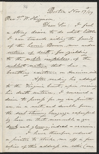 George W. Carnes autograph letter signed to Thomas Wentworth Higginson, Boston, 17 November [18]59