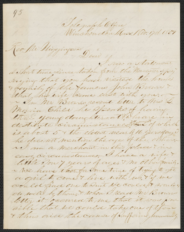 Silas Clark Raymond autograph letter signed to Thomas Wentworth Higginson, Winchendon, Mass., 17 November 1859