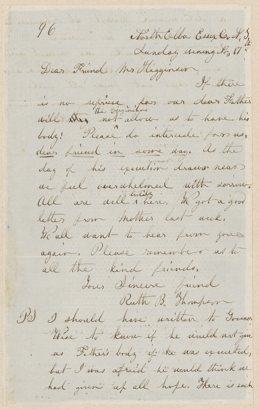 Ruth Brown Thompson autograph letter signed to Thomas Wentworth Higginson, North Elba, Essex Co., N.Y., 17 November [1859]