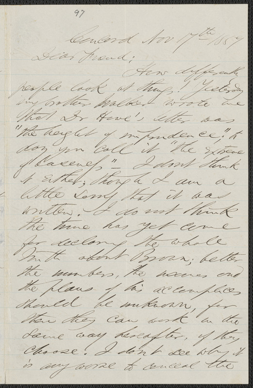F. B. Sanborn autograph letter to [Thomas Wentworth Higginson], Concord, 17 November 1859