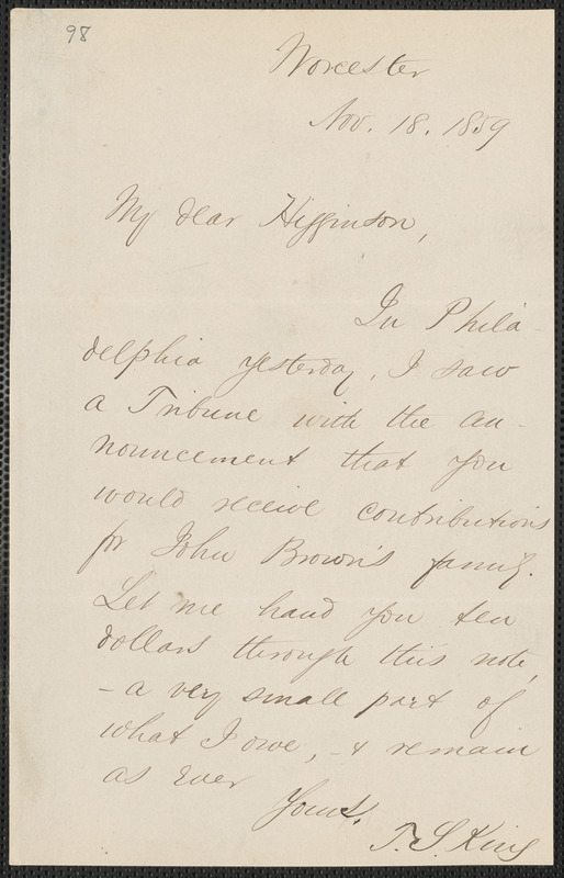 Thomas Starr King autograph note signed to Thomas Wentworth Higginson, Worcester, 18 November 1859