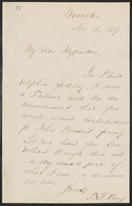 Thomas Starr King autograph note signed to Thomas Wentworth Higginson, Worcester, 18 November 1859