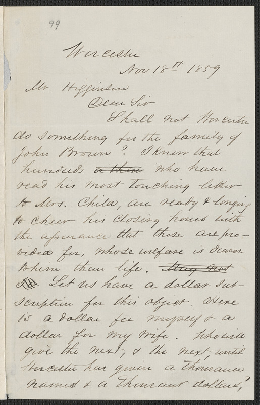 H. L. Wayland autograph letter signed to Thomas Wentworth Higginson, Worcester, 18 November 1859