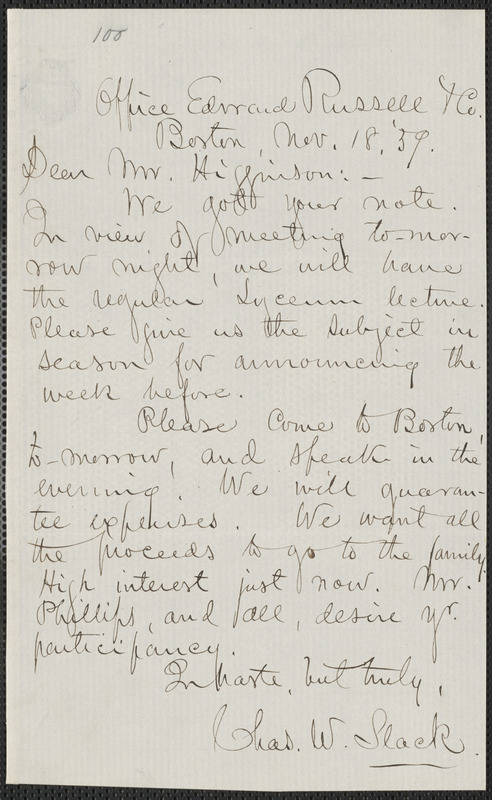 Charles W. Slack autograph letter signed to Thomas Wentworth Higginson, Boston, 18 November 1859