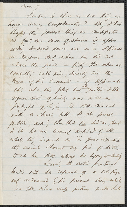 Thomas Wentworth Higginson autograph letter to Franklin Benjamin Sanborn, 17 November [1859]
