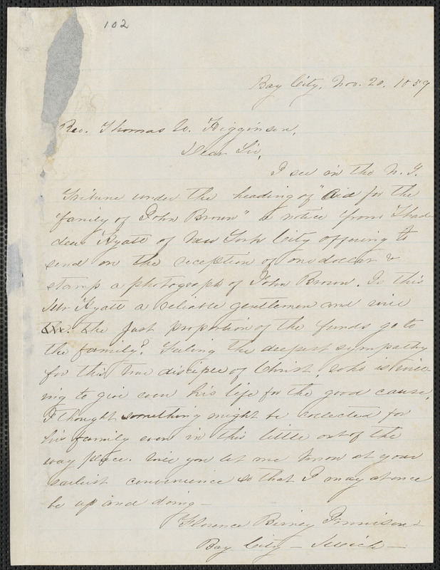 Florence Birney Jennison autograph letter signed to Thomas Wentworth Higginson, Bay City, [Mich.], 20 November 1859