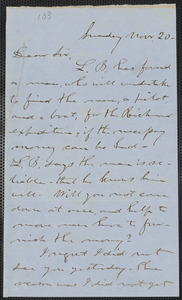 Lysander Spooner autograph letter to Thomas Wentworth Higginson, 20 November [1859]