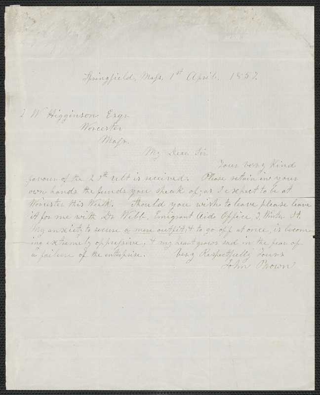 John Brown autograph letter signed to Thomas Wentworth Higginson, Springfield, Mass., 1 April 1857