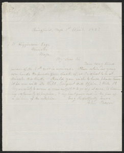 John Brown autograph letter signed to Thomas Wentworth Higginson, Springfield, Mass., 1 April 1857