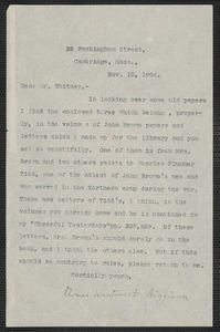 Thomas Wentworth Higginson typed letter signed to James Lyman Whitney, Cambridge, Mass., 18 November 1904