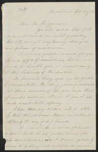 Elisabeth E. Tidd autograph letter signed to Thomas Wentworth Higginson, Brookline, 20 October [18]60