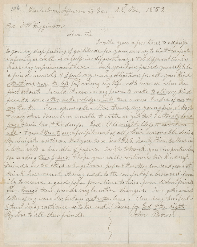John Brown autograph letter signed to Thomas Wentworth Higginson, Charlestown, Jefferson Co., Va., 22 November 1859