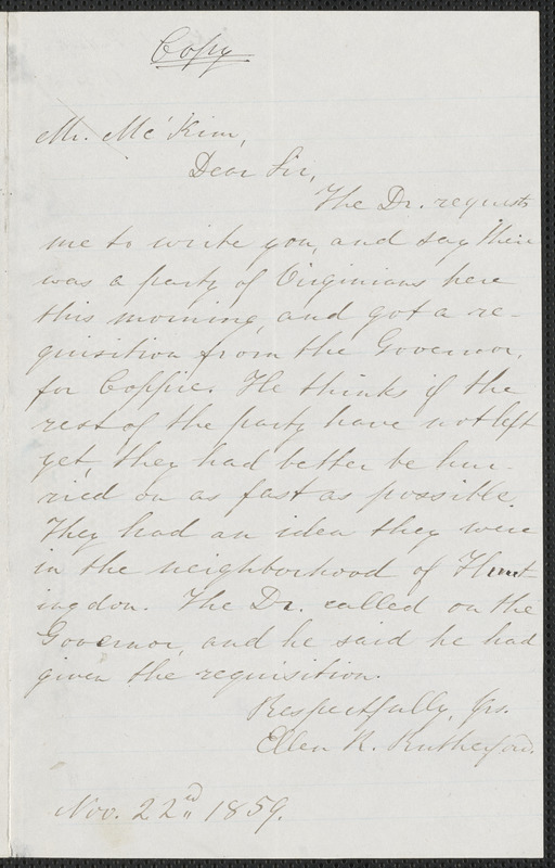 Ellen R. Rutherford letter to James Miller M'Kim, 22 November 1859