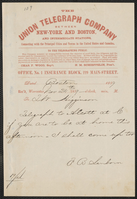 F. B. Sanborn telegram to Thomas Wentworth Higginson, Boston, 24 November 1859