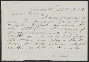 F. B. Sanborn autograph note to [Thomas Wentworth Higginson], Worcester, 24 [November 1859]