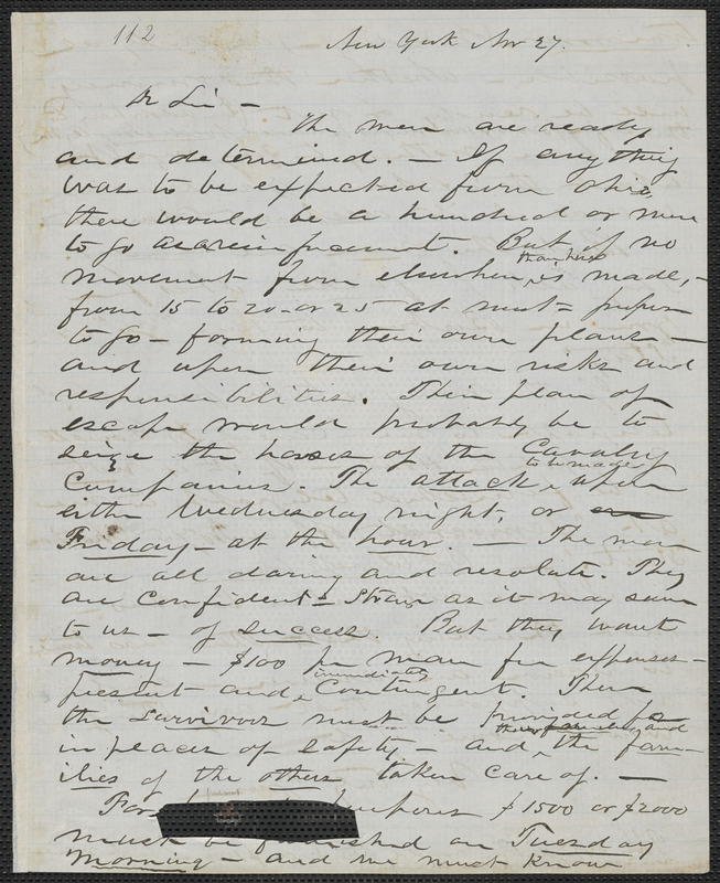 John W. LeBarnes autograph letter to [Thomas Wentworth Higginson], New York, 27 November [1859]