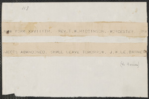 John W. LeBarnes telegram to Thomas Wentworth Higginson, New York, 28 November [1859]