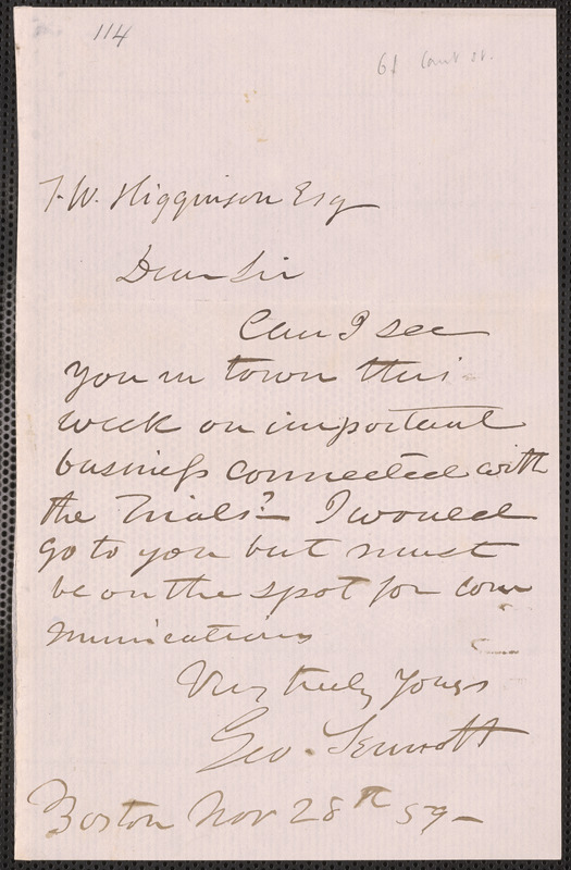 George Sennott autograph letter signed to Thomas Wentworth Higginson, Boston, 28 November [18]59
