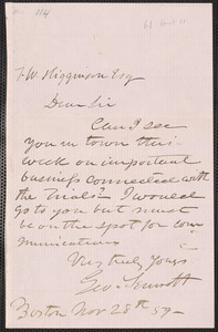 George Sennott autograph letter signed to Thomas Wentworth Higginson, Boston, 28 November [18]59