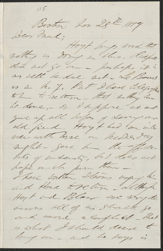 F. B. Sanborn autograph letter signed to [Thomas Wentworth Higginson], Boston, 28 November 1859