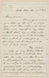 Annie Brown Adams autograph letter signed to Thomas Wentworth Higginson, North Elba, [N.Y.], 29 November 1859