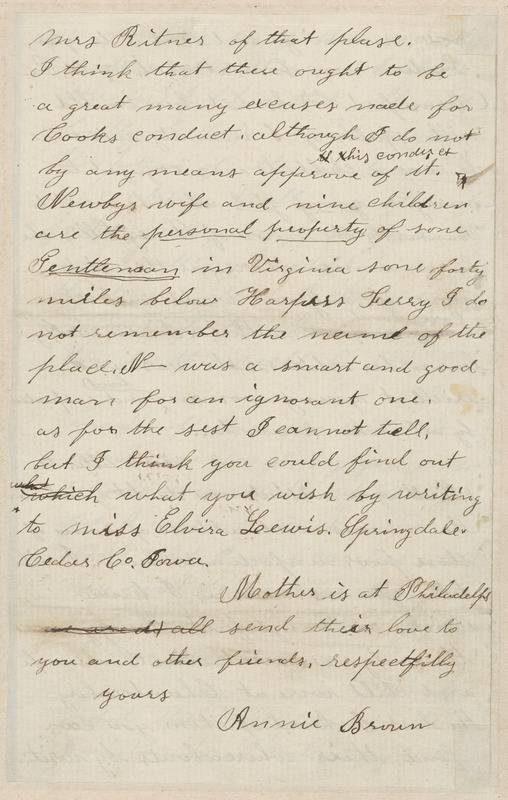 Annie Brown Adams autograph letter signed to Thomas Wentworth Higginson, North Elba, [N.Y.], 29 November 1859