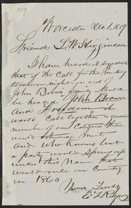 E.F. Robers autograph letter signed to Thomas Wentworth Higginson, Worcester, 1 December 1859