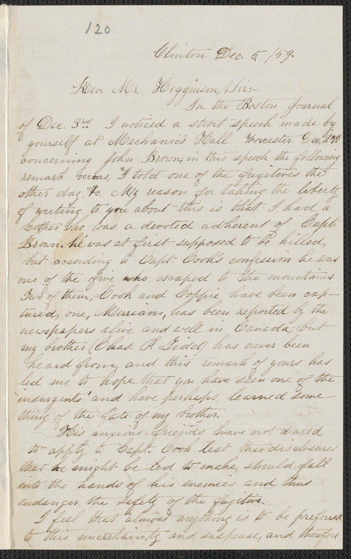 Elisabeth E. Tidd autograph letter signed to Thomas Wentworth Higginson, Clinton, 5 December [18]59