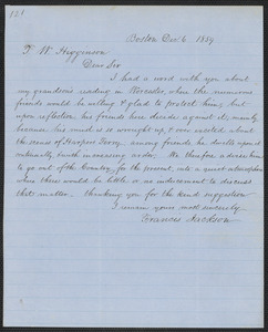 Francis Jackson autograph letter signed to Thomas Wentworth Higginson, Boston, 6 December 1859
