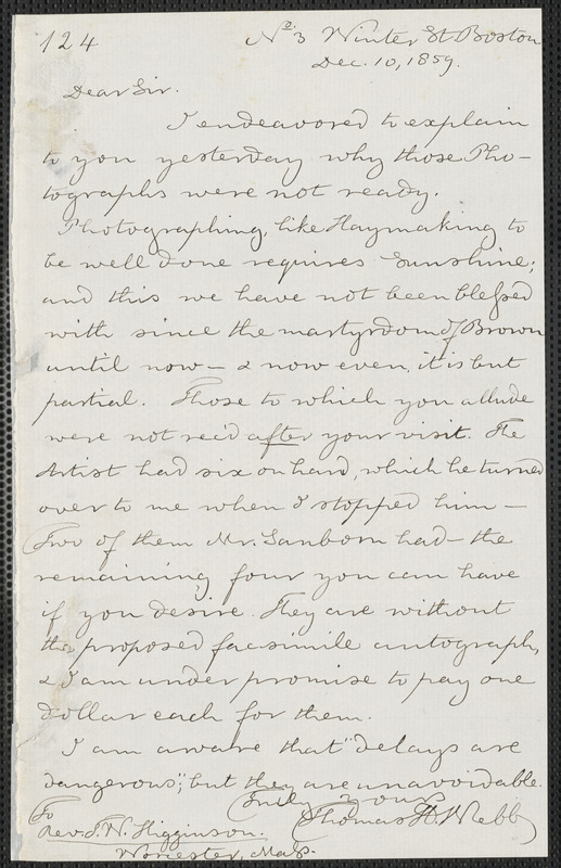 Thomas Hopkins Webb autograph letter signed to Thomas Wentworth Higginson, Boston, 10 December 1859