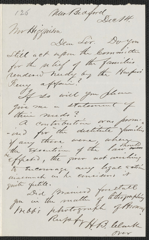 Henry B. Clarke autograph letter signed to [Thomas Wentworth Higginson], New Bedford, 14 December 1859